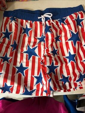 MAD Engine Red White and Blue Star & Stripe Men's Swim Trunks
